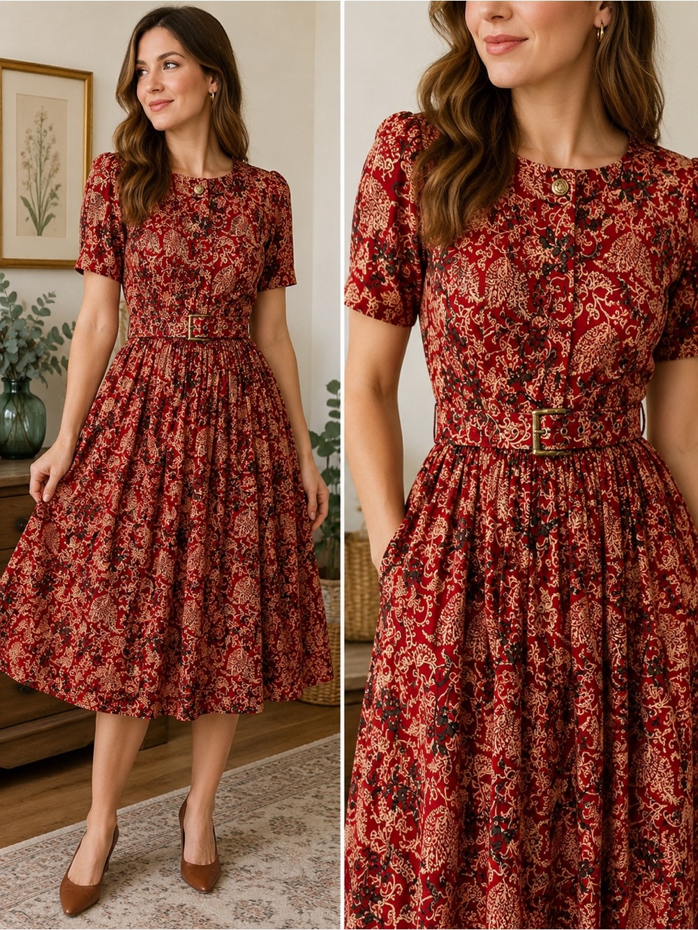 Leslie Fay Vintage Red Paisley Belted Midi Dress Size 14 Cottagecore Prairie